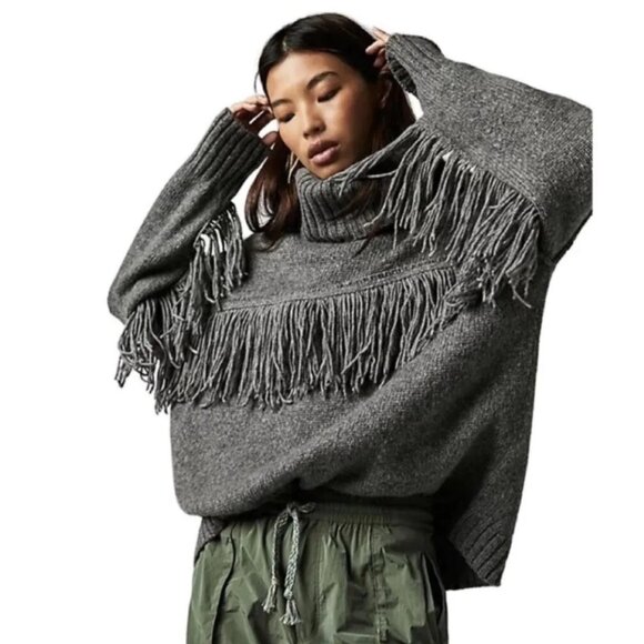 Free People Gray Fringe Turtleneck Sweater - Picture 1 of 14